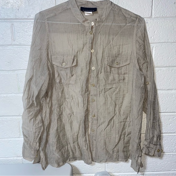 Shimmery Sheer Gold Lightweight Button Up Shirt Women’s Large Elegancia Pockets - Picture 1 of 8